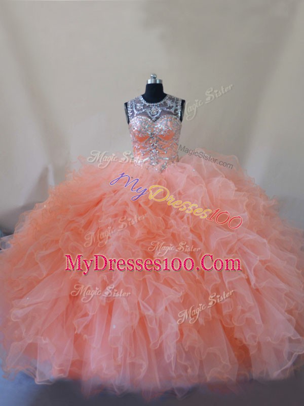 Peach Quinceanera Dress Scoop Sleeveless Court Train Lace Up