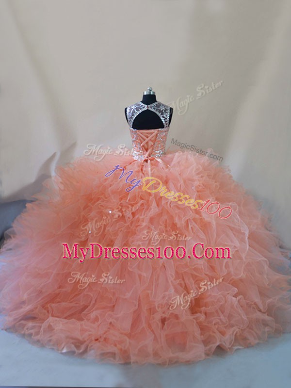 Peach Quinceanera Dress Scoop Sleeveless Court Train Lace Up