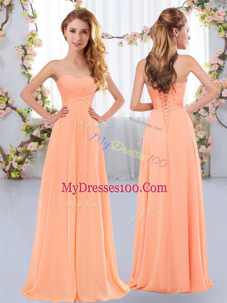 Peach Sweetheart Neckline Ruching Bridesmaid Dresses Sleeveless Lace Up