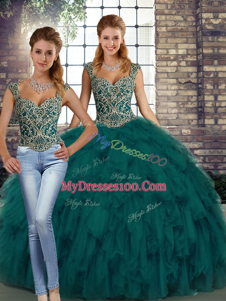 Best Floor Length Peacock Green Sweet 16 Dress Straps Sleeveless Lace Up