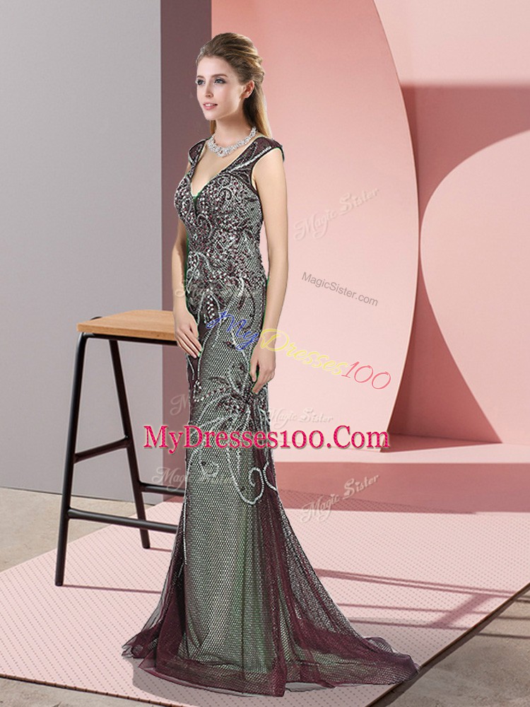 Vintage Burgundy Sleeveless Beading Zipper Evening Dress