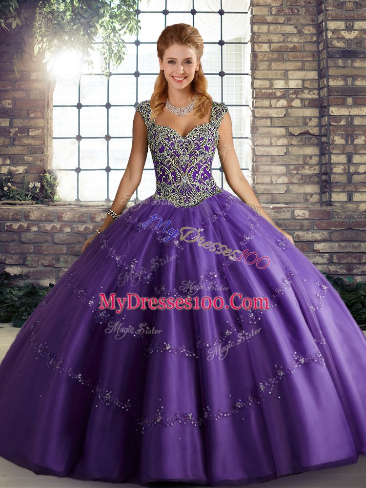 Customized Beading and Appliques Quinceanera Dress Purple Lace Up Sleeveless Floor Length