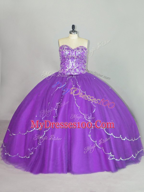 Fashionable Tulle Sweetheart Sleeveless Brush Train Lace Up Beading and Sequins Quinceanera Dress in Purple