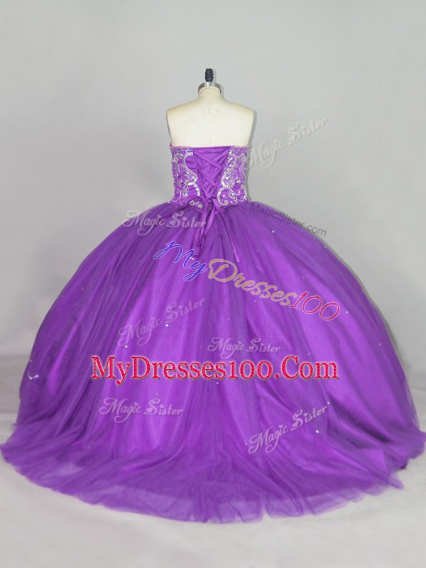 Fashionable Tulle Sweetheart Sleeveless Brush Train Lace Up Beading and Sequins Quinceanera Dress in Purple
