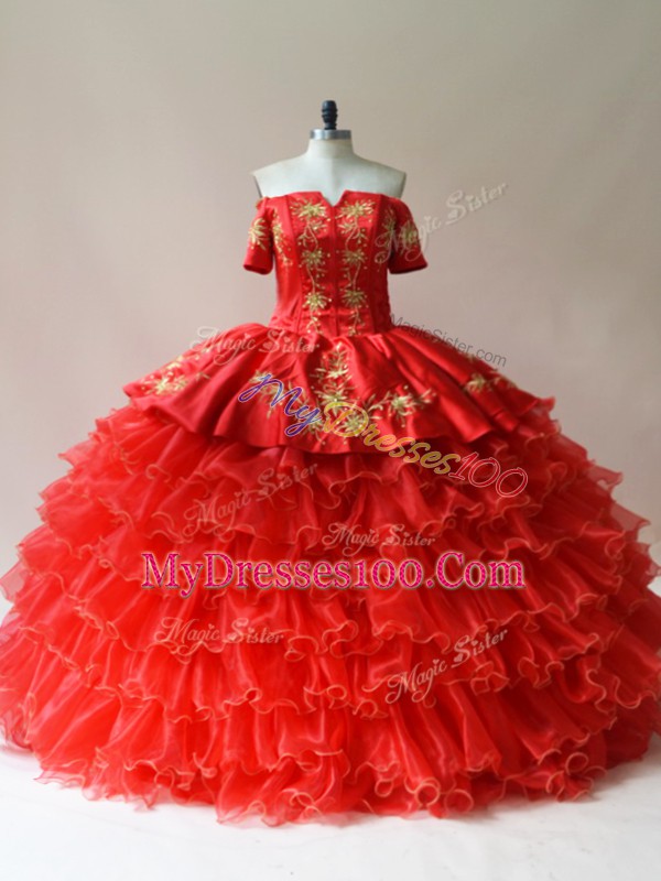 Dynamic Sleeveless Floor Length Embroidery and Ruffled Layers Lace Up Quinceanera Dress with Red