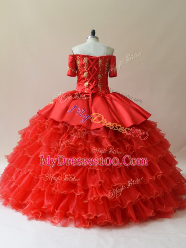 Dynamic Sleeveless Floor Length Embroidery and Ruffled Layers Lace Up Quinceanera Dress with Red