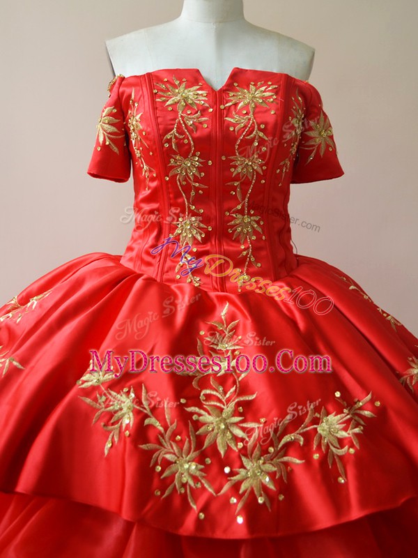 Dynamic Sleeveless Floor Length Embroidery and Ruffled Layers Lace Up Quinceanera Dress with Red