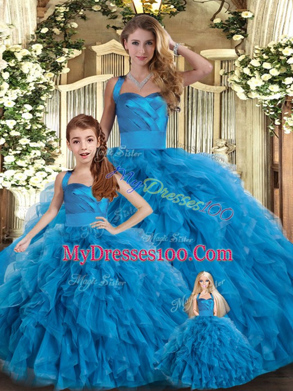 Blue Ball Gowns Halter Top Sleeveless Tulle Floor Length Lace Up Ruffles Vestidos de Quinceanera