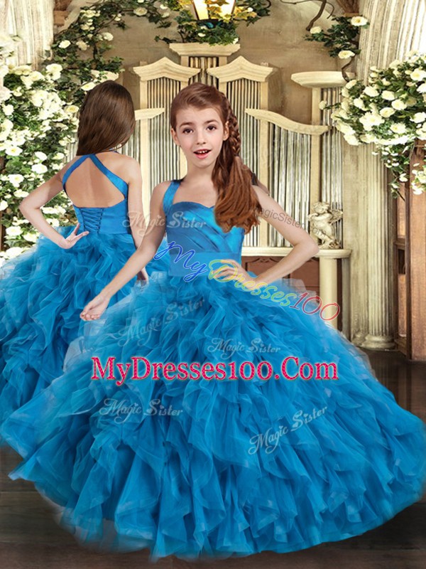Blue Ball Gowns Halter Top Sleeveless Tulle Floor Length Lace Up Ruffles Vestidos de Quinceanera