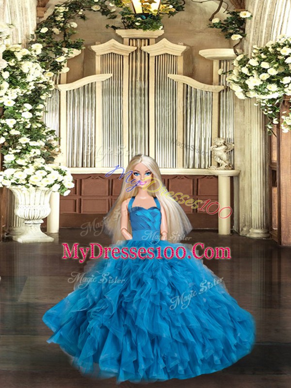 Blue Ball Gowns Halter Top Sleeveless Tulle Floor Length Lace Up Ruffles Vestidos de Quinceanera