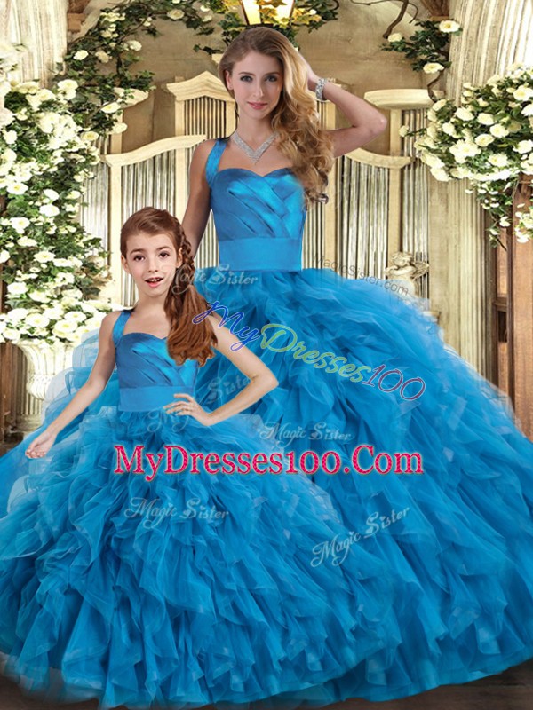 Blue Ball Gowns Halter Top Sleeveless Tulle Floor Length Lace Up Ruffles Vestidos de Quinceanera