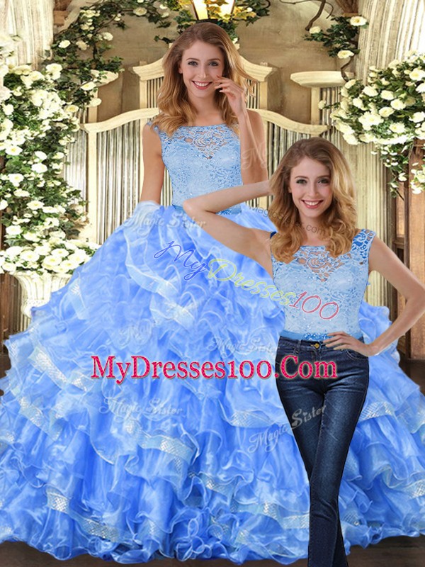 Luxury Light Blue Two Pieces Organza Scoop Sleeveless Lace and Ruffled Layers Floor Length Zipper Sweet 16 Dress