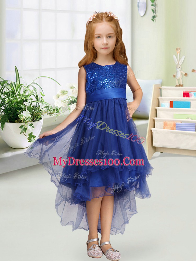 Sleeveless High Low Sequins and Bowknot Zipper Flower Girl Dresses for Less with Royal Blue