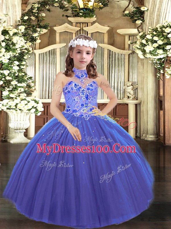 Gorgeous Blue Lace Up Halter Top Appliques Pageant Dress for Girls Tulle Sleeveless