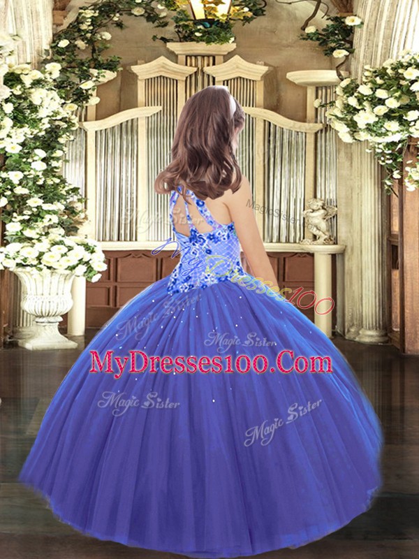 Gorgeous Blue Lace Up Halter Top Appliques Pageant Dress for Girls Tulle Sleeveless