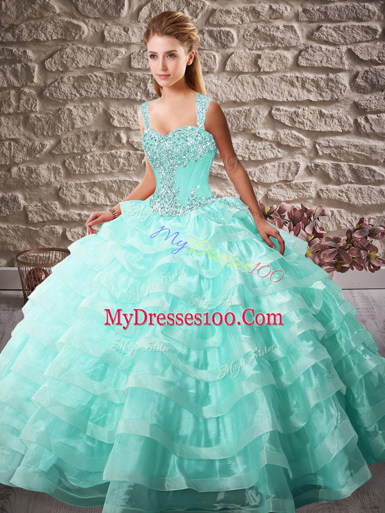 Dynamic Aqua Blue Straps Neckline Beading and Ruffled Layers Quinceanera Gown Sleeveless Lace Up