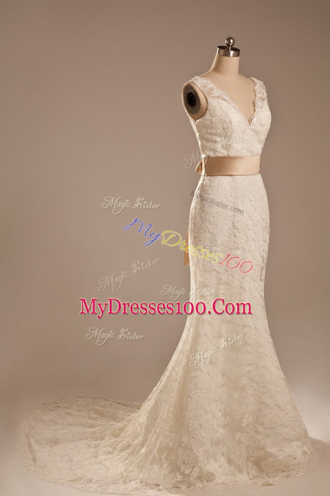 Column/Sheath Sleeveless White Wedding Dress Brush Train Backless