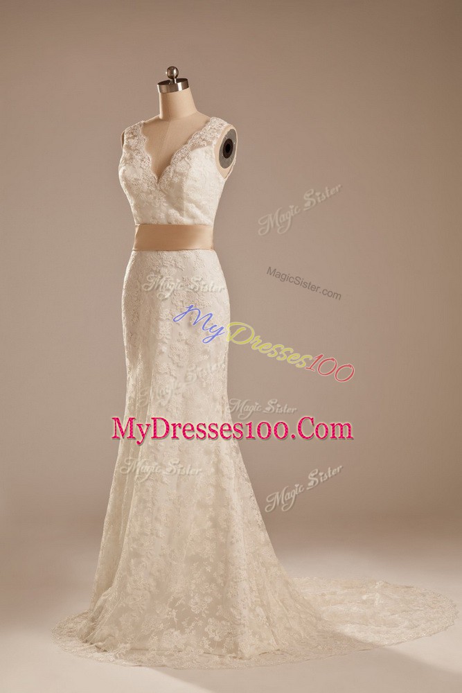 Column/Sheath Sleeveless White Wedding Dress Brush Train Backless