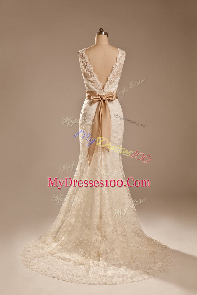 Column/Sheath Sleeveless White Wedding Dress Brush Train Backless