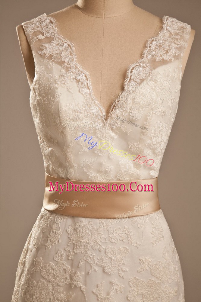 Column/Sheath Sleeveless White Wedding Dress Brush Train Backless