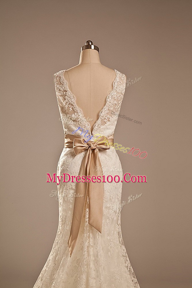 Column/Sheath Sleeveless White Wedding Dress Brush Train Backless
