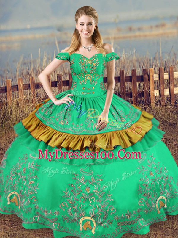 Ball Gowns Sweet 16 Dress Green Off The Shoulder Satin Sleeveless Floor Length Lace Up