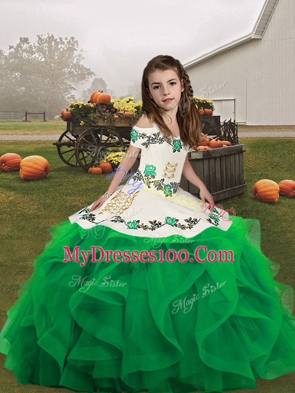 Custom Fit Green Lace Up Straps Embroidery and Ruffles Child Pageant Dress Organza Sleeveless