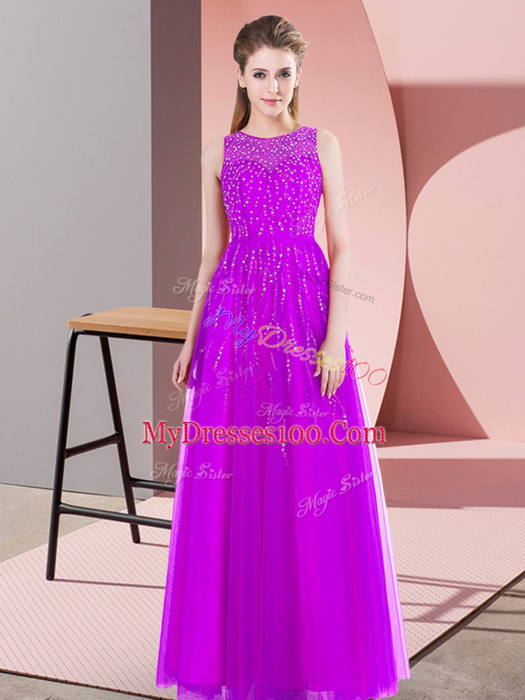 Purple Sleeveless Beading Floor Length Prom Dresses