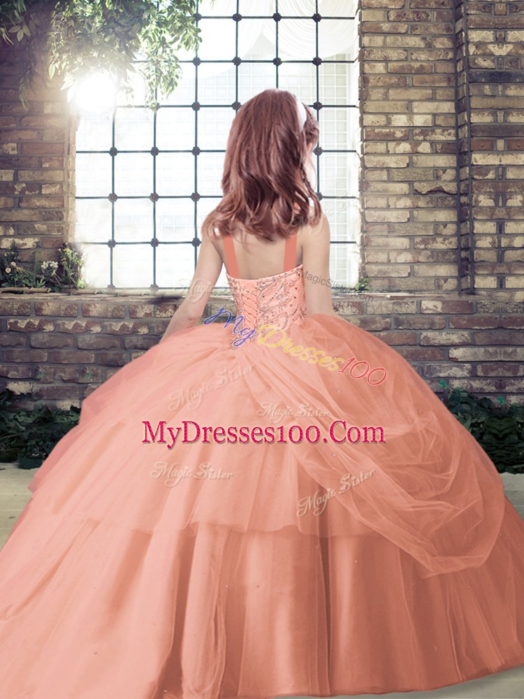 Fuchsia Straps Neckline Beading and Pick Ups Little Girls Pageant Dress Sleeveless Lace Up
