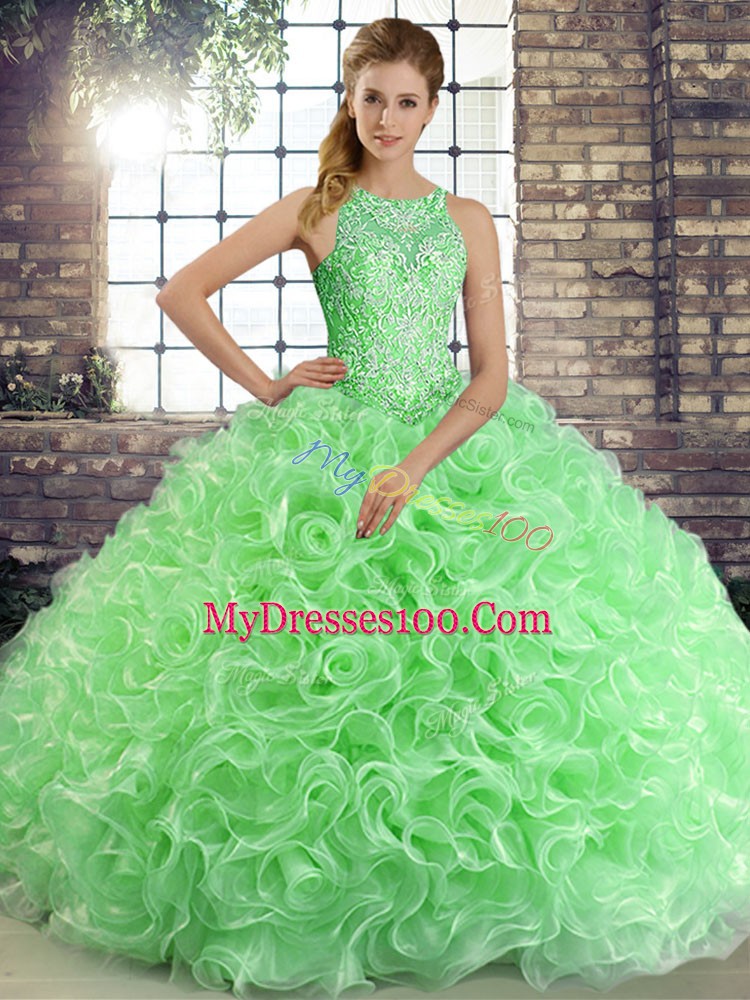 Sleeveless Floor Length Beading Lace Up Quinceanera Gown with Green