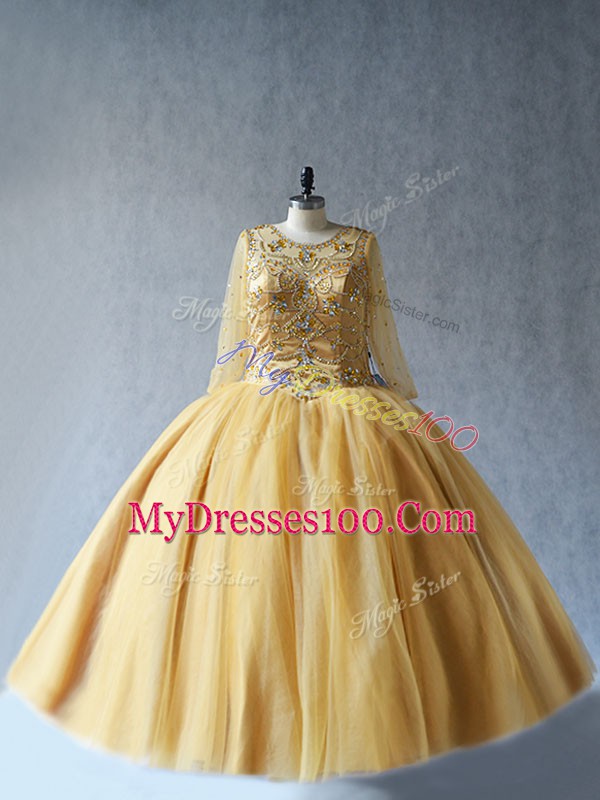 Sleeveless Tulle Floor Length Lace Up Quince Ball Gowns in Gold with Beading
