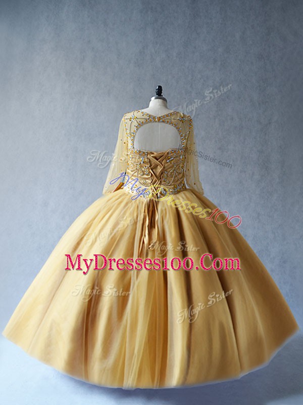 Sleeveless Tulle Floor Length Lace Up Quince Ball Gowns in Gold with Beading