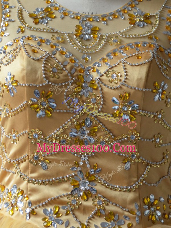 Sleeveless Tulle Floor Length Lace Up Quince Ball Gowns in Gold with Beading