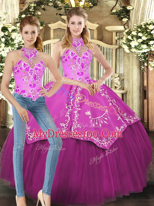Flare Fuchsia Sleeveless Embroidery Floor Length Quinceanera Gowns
