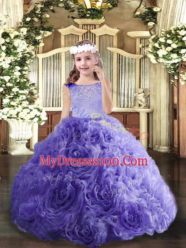 Lavender Fabric With Rolling Flowers Lace Up Scoop Sleeveless Floor Length Kids Pageant Dress Beading