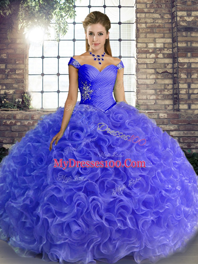 Blue Ball Gowns Fabric With Rolling Flowers Off The Shoulder Sleeveless Beading Floor Length Lace Up Ball Gown Prom Dress