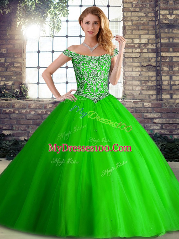 Sumptuous Green Sleeveless Tulle Brush Train Lace Up Quinceanera Dress for Military Ball and Sweet 16 and Quinceanera