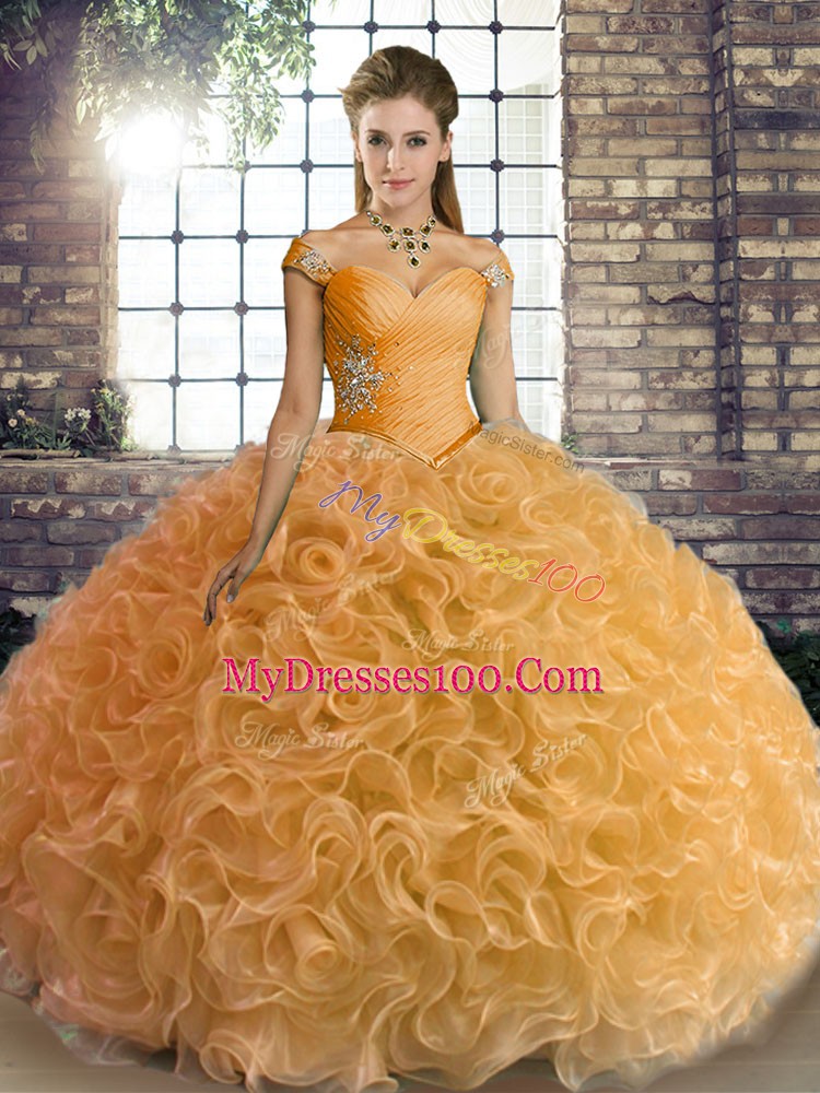 Gold Ball Gowns Fabric With Rolling Flowers Off The Shoulder Sleeveless Beading Floor Length Lace Up 15th Birthday Dress