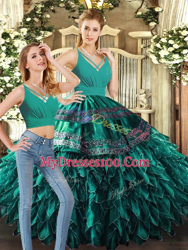 Hot Selling Turquoise Two Pieces V-neck Sleeveless Organza Floor Length Backless Appliques and Ruffles Quince Ball Gowns
