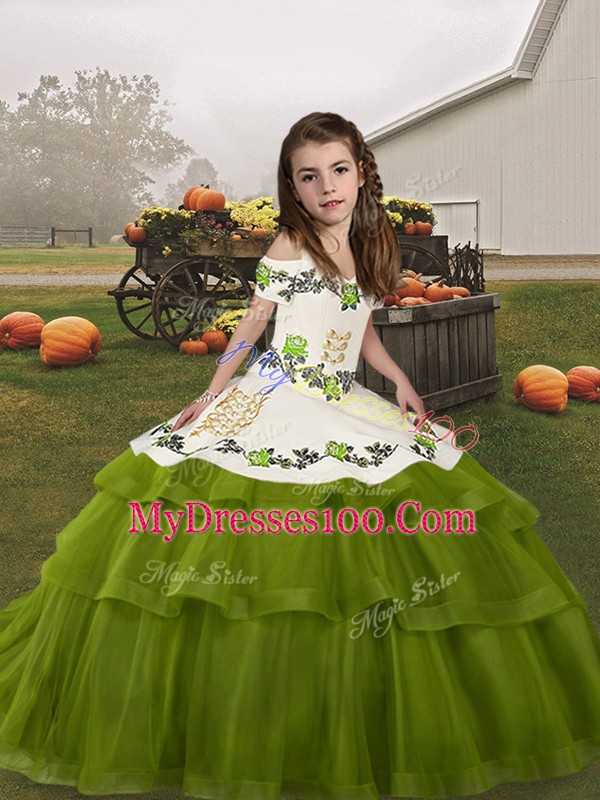 Modern Sleeveless Tulle Floor Length Lace Up Kids Pageant Dress in Olive Green with Embroidery and Ruffled Layers