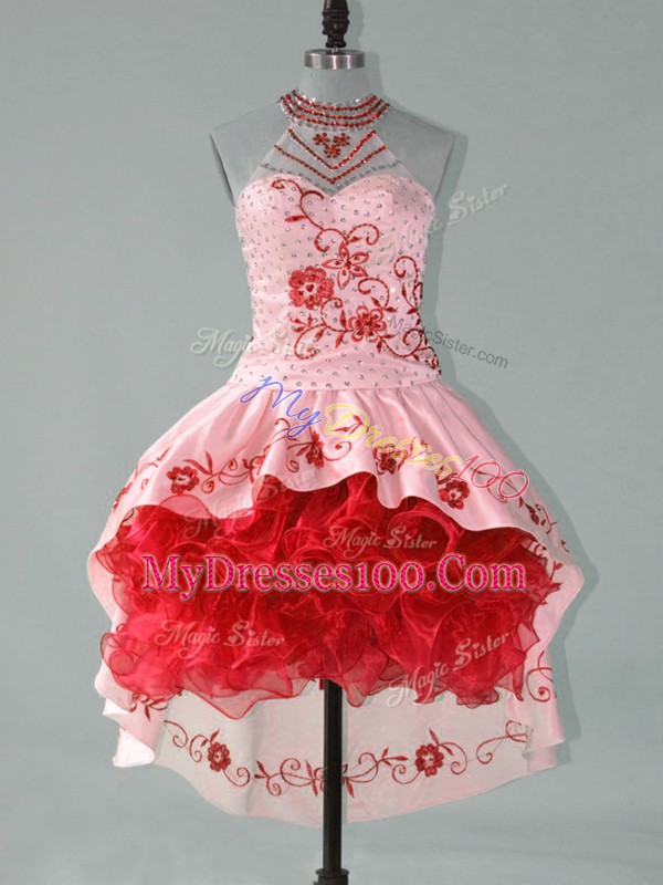 Red Lace Up Halter Top Embroidery and Ruffles Evening Dress Satin and Organza Sleeveless