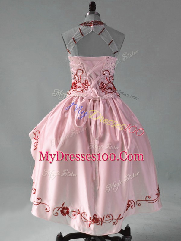 Red Lace Up Halter Top Embroidery and Ruffles Evening Dress Satin and Organza Sleeveless