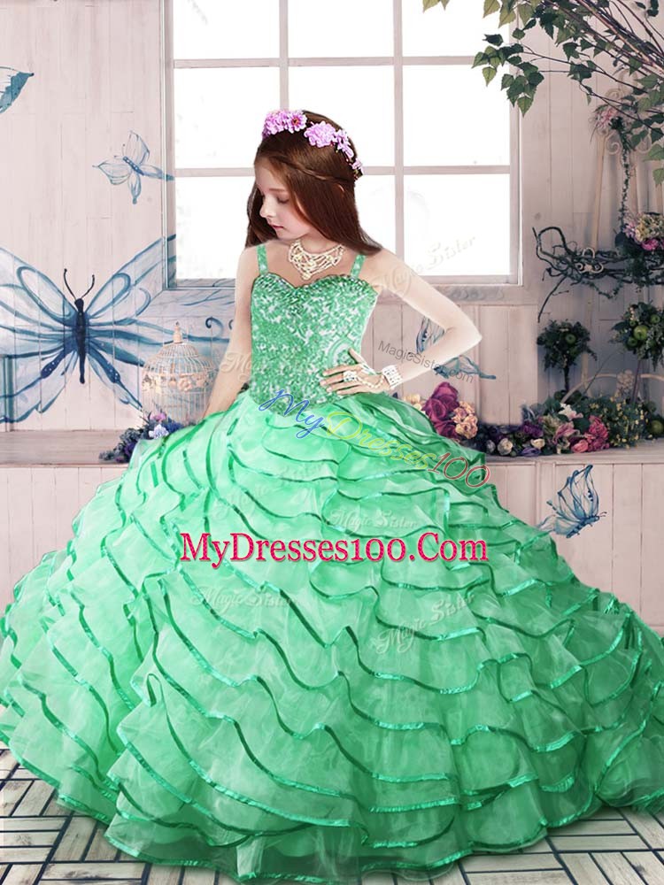 Court Train Ball Gowns Little Girl Pageant Dress Apple Green Straps Organza Sleeveless Lace Up