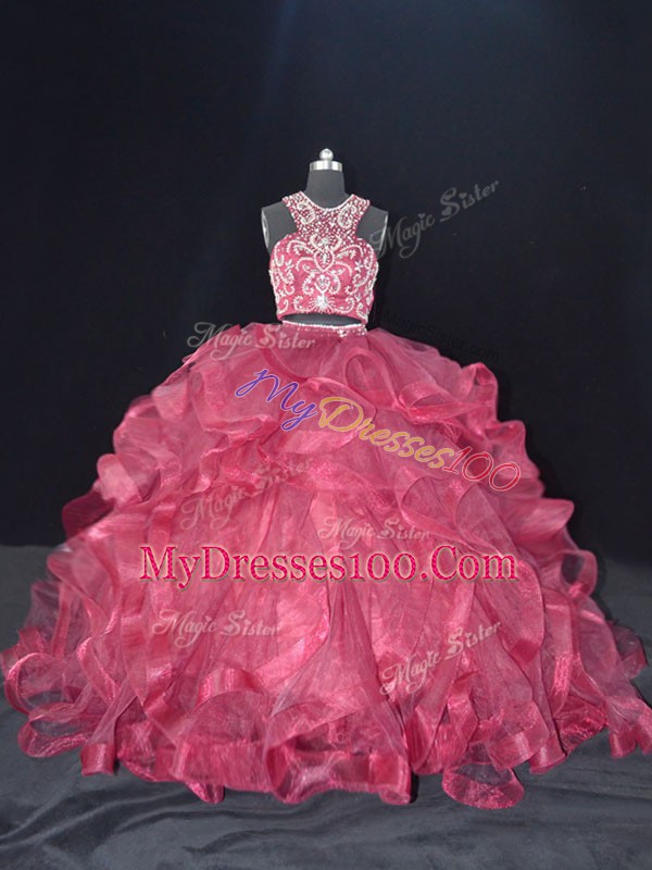 Backless 15 Quinceanera Dress Burgundy for Sweet 16 and Quinceanera with Beading and Ruffles Brush Train