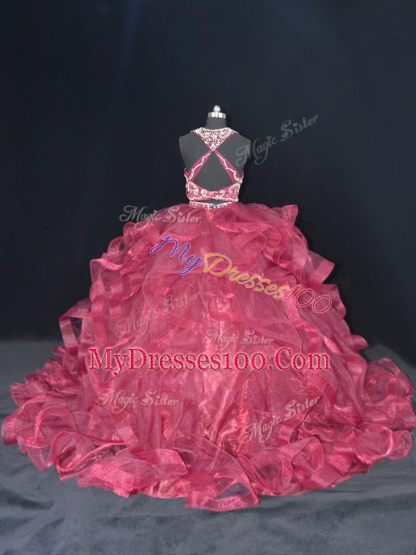 Backless 15 Quinceanera Dress Burgundy for Sweet 16 and Quinceanera with Beading and Ruffles Brush Train