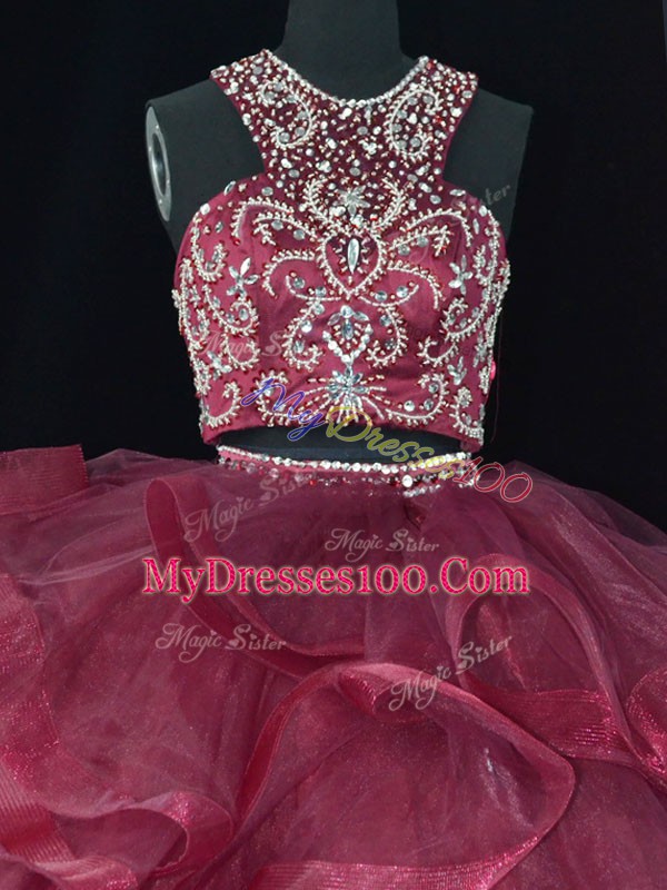 Backless 15 Quinceanera Dress Burgundy for Sweet 16 and Quinceanera with Beading and Ruffles Brush Train