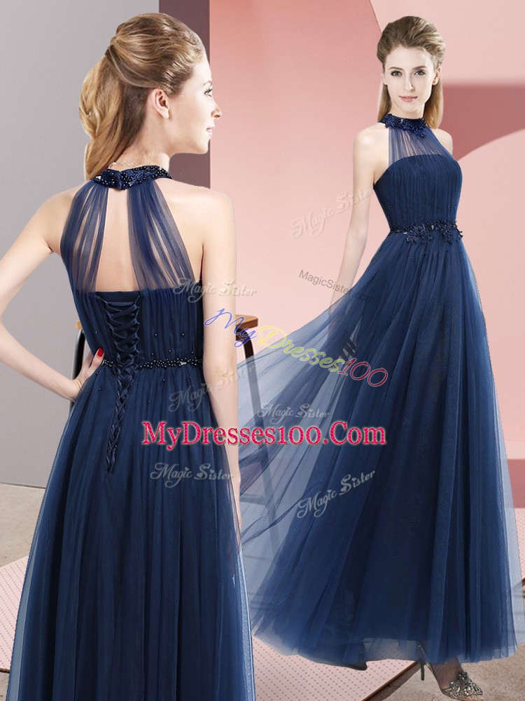Spectacular Navy Blue Lace Up Halter Top Beading and Appliques Vestidos de Damas Tulle Sleeveless
