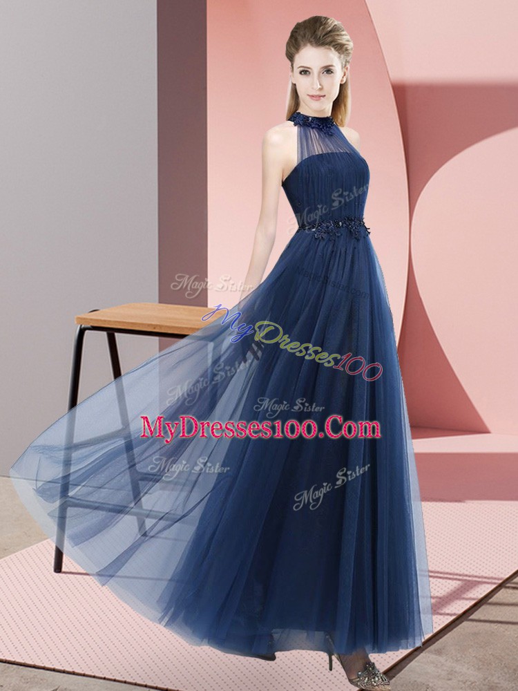 Spectacular Navy Blue Lace Up Halter Top Beading and Appliques Vestidos de Damas Tulle Sleeveless