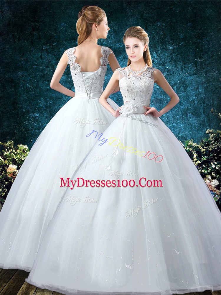 Spectacular White Ball Gowns Lace and Hand Made Flower Wedding Gowns Lace Up Tulle Sleeveless Floor Length