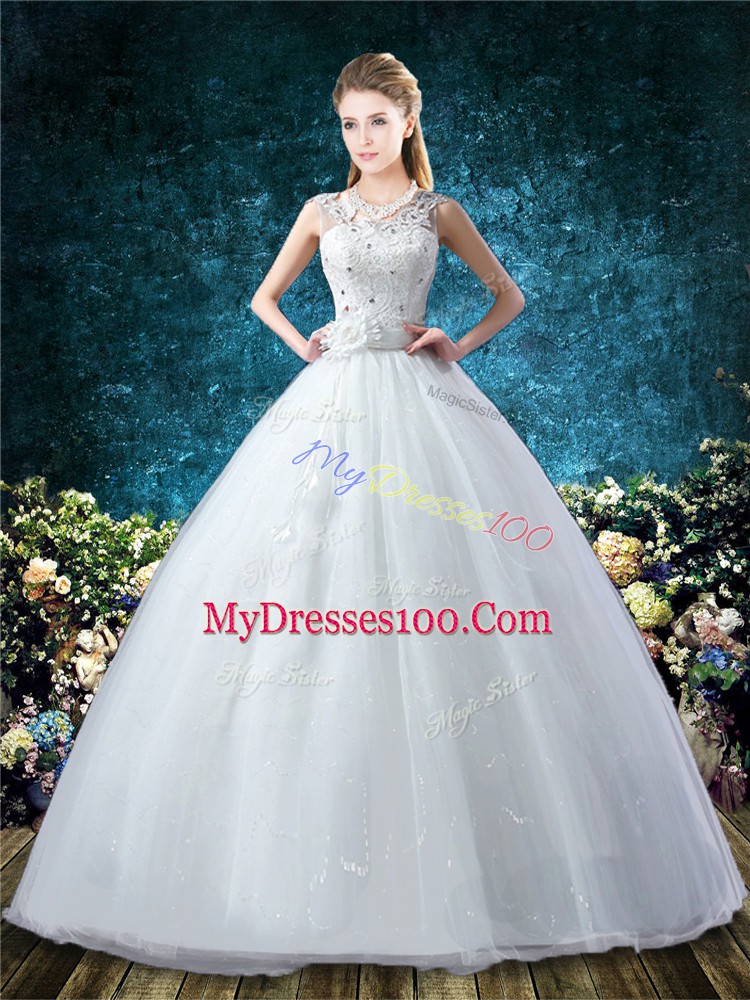Spectacular White Ball Gowns Lace and Hand Made Flower Wedding Gowns Lace Up Tulle Sleeveless Floor Length